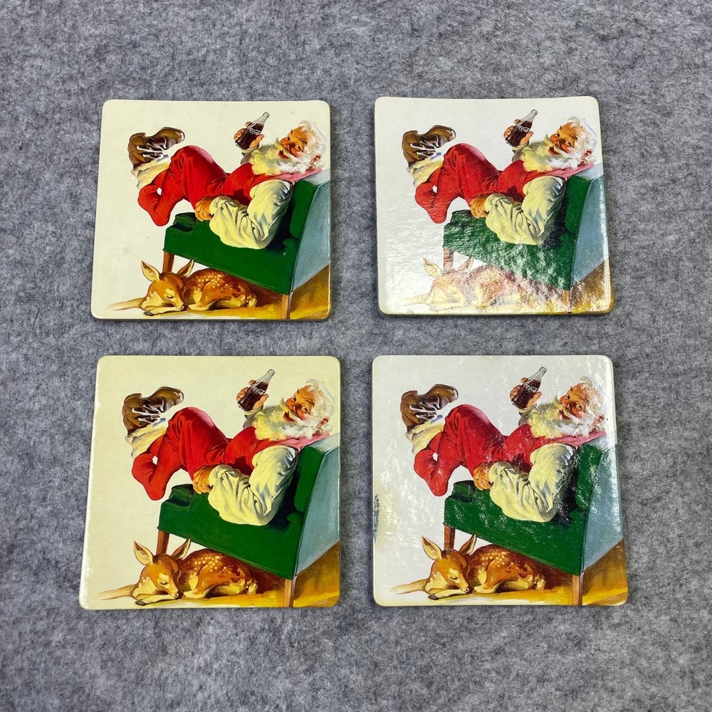 Vintage 2000 Coca-Cola Santa Claus Cork Backed Coasters Set of 4 Holiday Decor